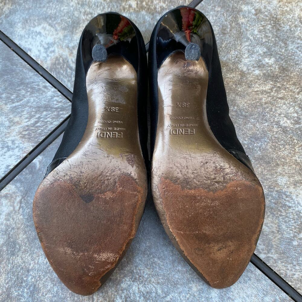 Fendi Black Satin & Patent Leather Stiletto Pumps Size 8.5 Luxury - Picture 8 of 9